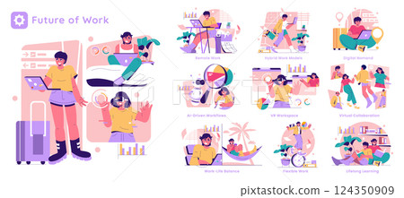 Future of Work concept. Illustration explores modern work trends like remote jobs, VR environments, and AI integration. Features diverse workers in innovative settings. 124350909
