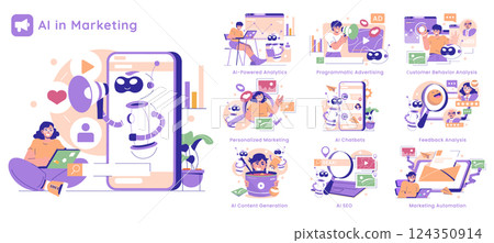 AI in Marketing illustration. This visual explains various aspects of artificial intelligence, showcasing its roles in analytics, advertising, chatbots, content generation, and customer insights 124350914