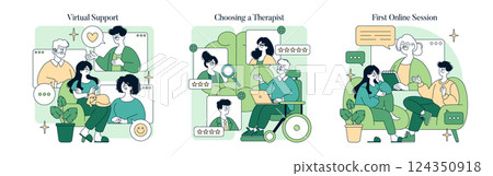 National Mental Health Awareness emphasizes the importance of virtual support in choosing therapists and engaging in online sessions. It promotes accessible mental health care for everyone. Vector 124350918