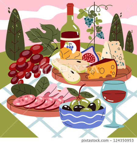 National Wine Day celebration image. A picnic scene with a variety of cheeses, meats, grapes, olives, and a bottle of wine. It captures the joy of savoring fine wine with delicious food. National Wine Day celebration image. A picnic scene with a variety of cheeses, meats, grapes, olives, and a bottle of wine. It captures the joy of savoring fine wine with delicious food. 124350953