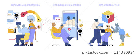 AI Boosts Mid-Sized Business Productivity Set. Illustrates increased job satisfaction, improved communications, and teamwork with anthropomorphic cats. AI Boosts Mid-Sized Business Productivity Set. Illustrates increased job satisfaction, improved communications, and teamwork with anthropomorphic cats. 124350954