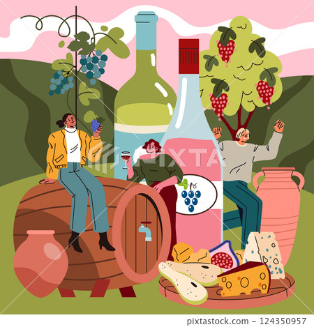 National Wine Day celebration with friends enjoying wine, grapes, and cheese in a picturesque vineyard setting. A joyful atmosphere enriched by nature and traditional winemaking elements. Vector 124350957