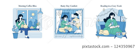Feel Good Moments set. A serene collection capturing cozy home experiences. Enjoying coffee by the window, finding comfort on rainy days, and reading in a peaceful nook. Vector illustration. 124350967
