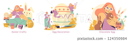 Easter celebration illustration highlighting festive activities like crafting, egg decoration, and enjoying chocolate eggs. It captures the joy of creating sweet memories during the holiday. Vector 124350984