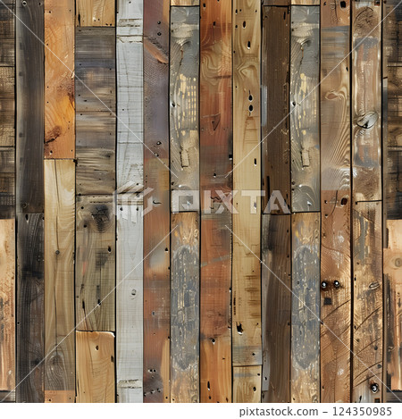 Highresolution image of rustic reclaimed wood planks with textures and colors, perfect for design, decor, backgrounds in construction, crafts, flooring, home interiors, and more 124350985