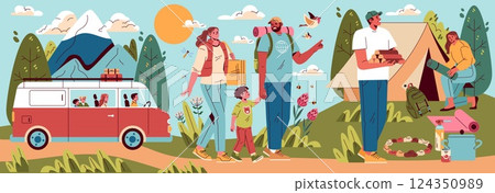 Family camping adventure in nature with a van, hiking, and setting up a campsite. Enjoy outdoor activities, quality time, and exploration in a picturesque landscape filled with mountains and greenery 124350989