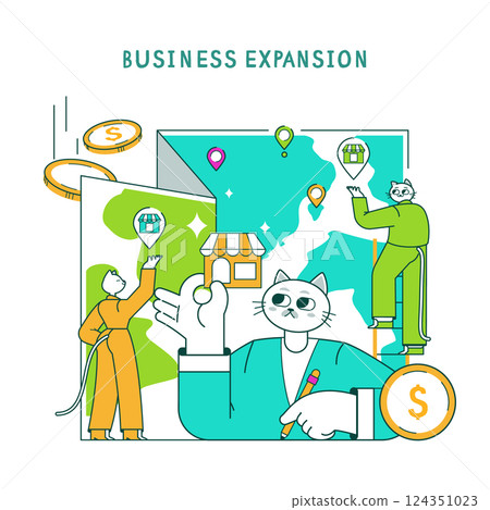 Business expansion with a focus on strategy and growth. The illustration portrays a cat leading a team, exploring new opportunities, highlighting key locations, and emphasizing financial decisions in 124351023