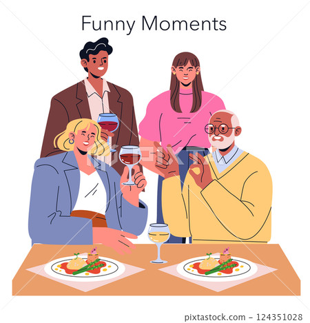 Dinner party scene featuring joyful interactions among friends enjoying a meal together. Laughter and camaraderie highlight the atmosphere, creating unforgettable funny moments. Vector illustration. 124351028