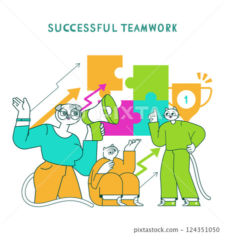 Business Cat theme highlighting teamwork in a playful office setting. Characters collaborate using symbols of success, like trophies and puzzle pieces, to demonstrate creativity and communication Business Cat theme highlighting teamwork in a playful office setting. Characters collaborate using symbols of success, like trophies and puzzle pieces, to demonstrate creativity and communication 124351050