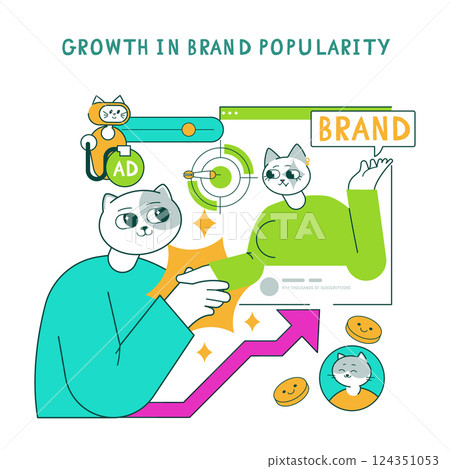Business cat role in brand success symbolizes the importance of marketing strategies and customer engagement. Illustrates the rise in brand popularity through digital interaction and analytics. Vector Business cat role in brand success symbolizes the importance of marketing strategies and customer engagement. Illustrates the rise in brand popularity through digital interaction and analytics. Vector 124351053