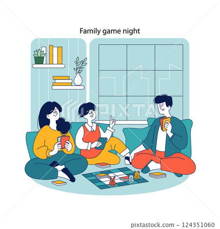 Family enjoying board game night at home, depicted in modern vector style, capturing a cozy and fun bonding experience. 124351060
