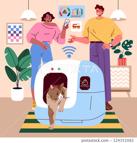 Pet gadgets revolutionizing pet care enhance convenience and monitor health. Smart litter boxes and connected devices improve pet management for owners. Innovation meets comfort in everyday life 124351082