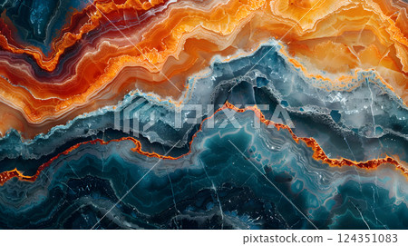 A mesmerizing, highresolution abstract image mimicking layered stone textures with rich earthy tones and deep blue accents, perfect for creative backgrounds and artistic projects 124351083