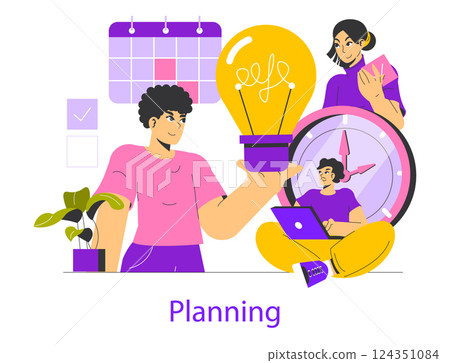 Planning concept illustrating effective idea realization. Features individuals engaged in strategizing with tools like a calendar, notebook, and lightbulb, representing creativity and time management 124351084
