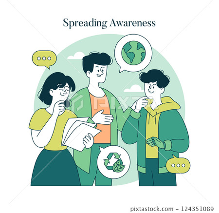 Earth Day illustration emphasizing environmental awareness. Three individuals engage in meaningful discussion about sustainability, recycling, and protecting the planet. Celebrating collective 124351089