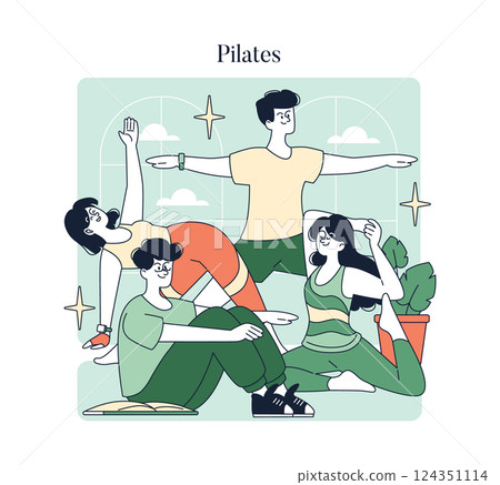 Pilates illustration showcasing a diverse group engaging in various poses, emphasizing balance and strength. The scene highlights the joy and focus of participants in a serene, supportive environment. Pilates illustration showcasing a diverse group engaging in various poses, emphasizing balance and strength. The scene highlights the joy and focus of participants in a serene, supportive environment. 124351114