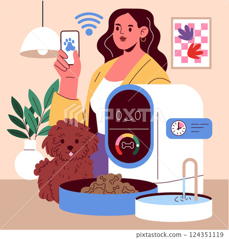 Pet Gadgets illustration. A modern pet owner utilizes technology to care for their dog, featuring an automated feeder and water dispenser. A cozy home environment enhances the digital pet care 124351119