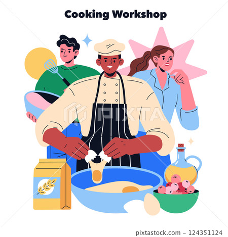 Cooking workshop with participants engaged in various culinary activities. Emphasizes teamwork and learning new skills in a lively kitchen environment. Perfect for promoting culinary classes and 124351124