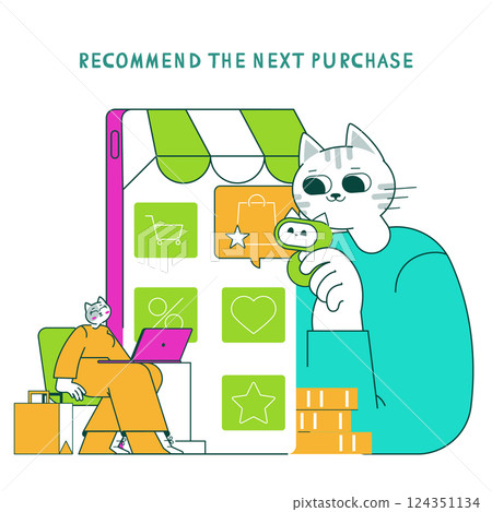 Product marketing illustrated with a cat recommending purchases on an online store. The scene features a user engaging with a digital shopping interface, symbolizing modern consumerism. Product marketing illustrated with a cat recommending purchases on an online store. The scene features a user engaging with a digital shopping interface, symbolizing modern consumerism. 124351134