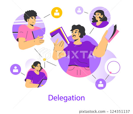 Delegation concept. Effective teamwork and trust in managing tasks lead to better productivity. Communication between team members is essential for project success. Vector illustration. Delegation concept. Effective teamwork and trust in managing tasks lead to better productivity. Communication between team members is essential for project success. Vector illustration. 124351137