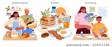 Family breakfast brings warmth and joy as loved ones gather around the table to share delicious meals and create memories. Cheerful moments unfold with cooking, sharing, and enjoying food together 124351144