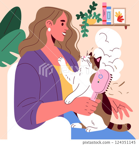 Illustration of a woman grooming her cat with a pet gadget in a cozy home setting. The interaction represents modern pet care, emphasizing comfort and enjoyment between pet and owner. Vector 124351145