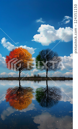 Imagine a beautiful scene of a lone tree in different seasons, mirroring in a serene lake under a clear sky with fluffy clouds, combining tranquility and the vibrant colors of nature 124351150