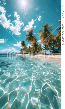 Immerse yourself in the serene beauty of a tropical paradise with clear waters, palm trees, and sunny skies. Perfect for nature and beach lovers seeking relaxation and tranquility 124351155