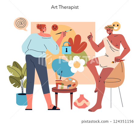 Art therapist conducts a creative session with a client, focusing on emotional expression through art. The scene encourages communication and healing via painting and visual activities. Vector 124351156