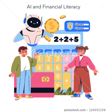 AI and financial literacy conceptualization. The illustration shows children interacting with an AI character explaining simple financial calculations and concepts, highlighting the importance of 124351159