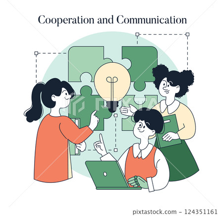 Cooperation and communication among individuals in a workspace stimulate creativity and problem-solving. Team members share ideas, leading to collaborative solutions and collective growth. Vector Cooperation and communication among individuals in a workspace stimulate creativity and problem-solving. Team members share ideas, leading to collaborative solutions and collective growth. Vector 124351161