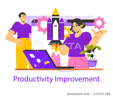 This illustration conveys the concept of productivity improvement in a work environment. It shows a team celebrating successful progress in projects with technology and strategies. Vector illustration 124351166