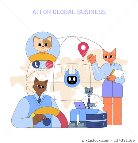 AI for global business illustrates how artificial intelligence enhances international commerce. It showcases diverse characters engaged in data analysis, collaboration, and decision-making across AI for global business illustrates how artificial intelligence enhances international commerce. It showcases diverse characters engaged in data analysis, collaboration, and decision-making across 124351169