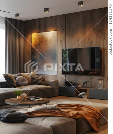 Elegant living room boasts warm wooden paneling, plush seating, a large flatscreen TV, and abstract art, offering a cozy and inviting atmosphere for relaxing and entertaining Elegant living room boasts warm wooden paneling, plush seating, a large flatscreen TV, and abstract art, offering a cozy and inviting atmosphere for relaxing and entertaining 124351170