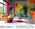 The living room is vibrant with bold colors, chic furniture, and lush plants, creating a fresh, modern atmosphere with natural light and stylish, comfortable contemporary decor 124351172
