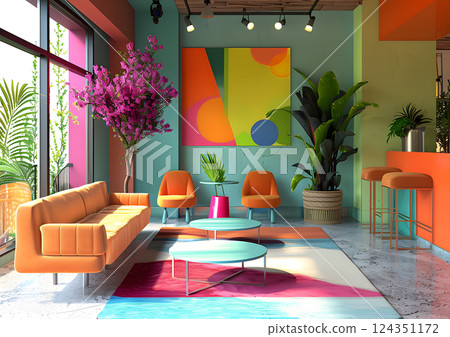 The living room is vibrant with bold colors, chic furniture, and lush plants, creating a fresh, modern atmosphere with natural light and stylish, comfortable contemporary decor The living room is vibrant with bold colors, chic furniture, and lush plants, creating a fresh, modern atmosphere with natural light and stylish, comfortable contemporary decor 124351172