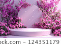 Create a stunning ambiance with a beautiful pink floral backdrop showcasing lush flowers and a round pedestal, ideal for various occasions like events, weddings, and photoshoots 124351179