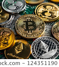 Closeup photo featuring a variety of wellknown cryptocurrencies such as Bitcoin, Ethereum, and Ripple, representing the world of digital currency and blockchain technology 124351190