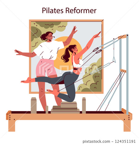 Pilates Reformer practice showing two women participating in a dynamic exercise session. The scene captures the environment of fitness and wellness, promoting physical strength and flexibility. Vector 124351191