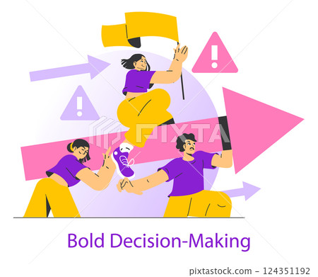 Risk assessment in decision-making with individuals navigating challenges and obstacles. Visual representation of determination and action amidst uncertainty showcases boldness in choices. Vector 124351192
