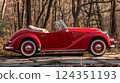 In the tranquil forest at sunset, an exquisite antique red convertible classic car harmoniously blends with the beauty of nature, creating a luxurious and nostalgic scene 124351193