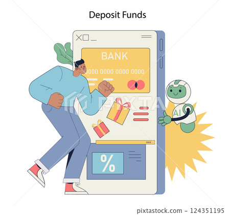 Robot advisor assists in depositing funds within a bank interface. The scene combines technology and finance, illustrating an engaging interaction that highlights modern banking solutions. Vector Robot advisor assists in depositing funds within a bank interface. The scene combines technology and finance, illustrating an engaging interaction that highlights modern banking solutions. Vector 124351195