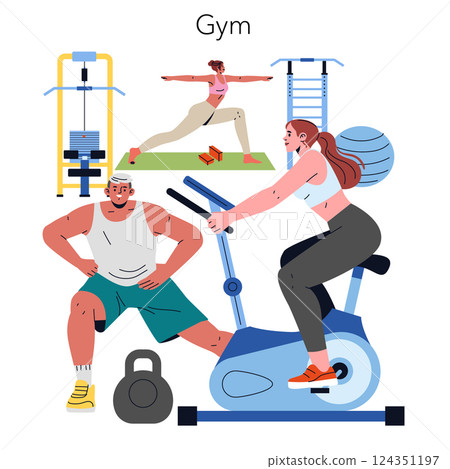Gym illustration featuring diverse individuals engaging in various fitness activities. Includes strength training, yoga, cycling, and exercise equipment. Promotes health, wellness, and an active Gym illustration featuring diverse individuals engaging in various fitness activities. Includes strength training, yoga, cycling, and exercise equipment. Promotes health, wellness, and an active 124351197