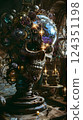 Visualize an exquisitely designed steampunk skull adorned with crystals and gears, positioned in a softly illuminated workshop, perfect for fantasy and gothic environments 124351198