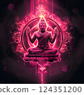 A vibrant neon Buddha exudes peace and calmness in a serene atmosphere, perfect for meditation and spiritual enlightenment. Inspiring for art enthusiasts and design aficionados 124351200