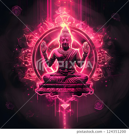 A vibrant neon Buddha exudes peace and calmness in a serene atmosphere, perfect for meditation and spiritual enlightenment. Inspiring for art enthusiasts and design aficionados A vibrant neon Buddha exudes peace and calmness in a serene atmosphere, perfect for meditation and spiritual enlightenment. Inspiring for art enthusiasts and design aficionados 124351200