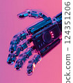 A closeup of a transparent robotic hand under pink and blue neon lights showcases cuttingedge technology, representing innovation and futuristic advancements in robotics and engineering 124351206