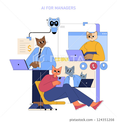 AI for Managers illustrates how artificial intelligence enhances management tasks. It highlights modern roles, technology integration, and collaboration in the workplace. A blend of creativity and AI for Managers illustrates how artificial intelligence enhances management tasks. It highlights modern roles, technology integration, and collaboration in the workplace. A blend of creativity and 124351208