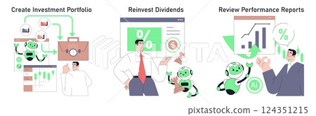 Robot Adviser assists in managing investments, reinvesting dividends, and reviewing performance reports. Ideal for illustrating technology's role in finance and investment activities. Vector Robot Adviser assists in managing investments, reinvesting dividends, and reviewing performance reports. Ideal for illustrating technology's role in finance and investment activities. Vector 124351215