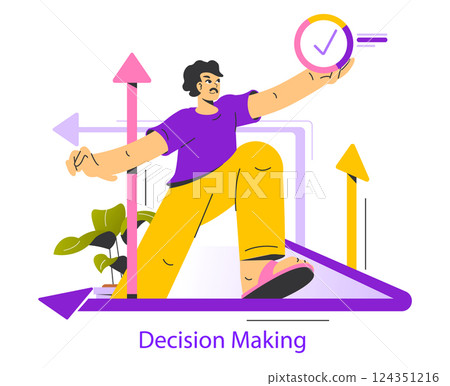 Decision Making concept. Visual representation of making choices effectively. The illustration depicts a person choosing pathways and finding solutions amidst directional arrows. Vector illustration. Decision Making concept. Visual representation of making choices effectively. The illustration depicts a person choosing pathways and finding solutions amidst directional arrows. Vector illustration. 124351216